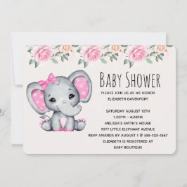 Pink Baby Elephant and Rose Border Baby Show Einladung