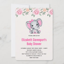 Pink Baby Elephant and Rose Border Baby Show Einladung