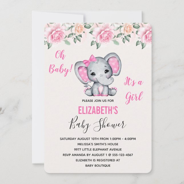 Pink Baby Elephant and Rose Border Baby Show Einladung (Vorderseite)