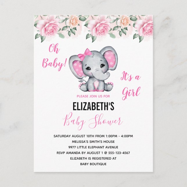 Pink Baby Elephant and Rose Border Baby Show Einladungspostkarte (Vorderseite)