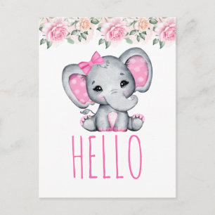 Pink Baby Elephant and Rose Hallo Postkarte