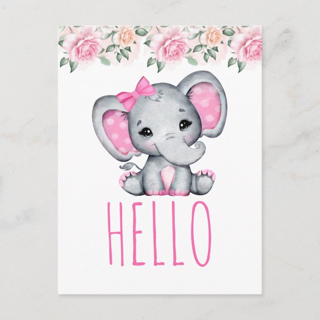 Pink Baby Elephant and Rose Hallo Postkarte (Vorderseite)