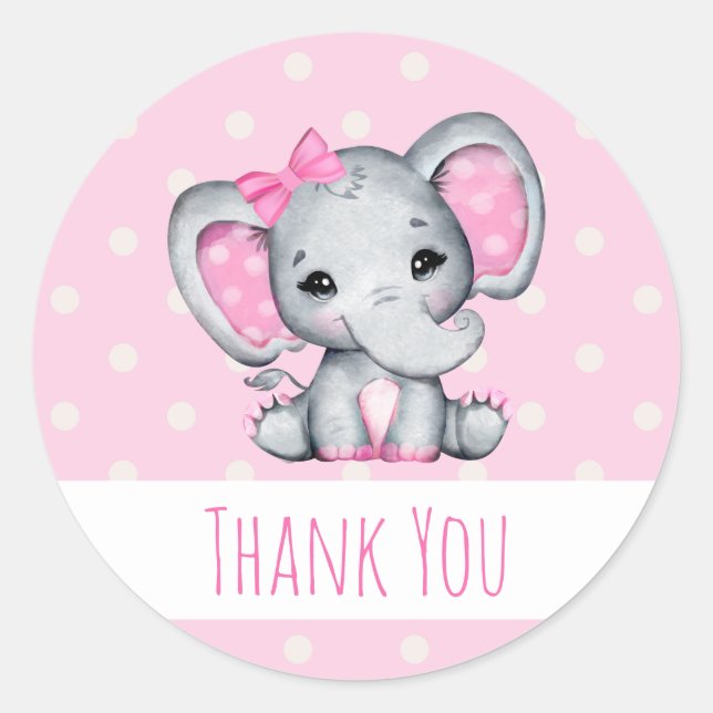 Pink Baby Elephant mit Polka Dot Oars Danke Runder Aufkleber (Vorderseite)