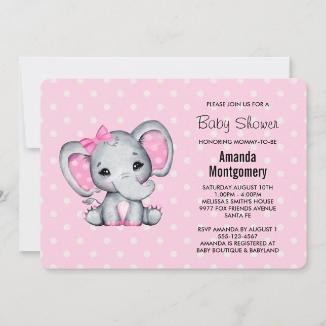 Pink Baby Elephant mit Polka Dots Baby Dusche Einladung (Vorderseite)