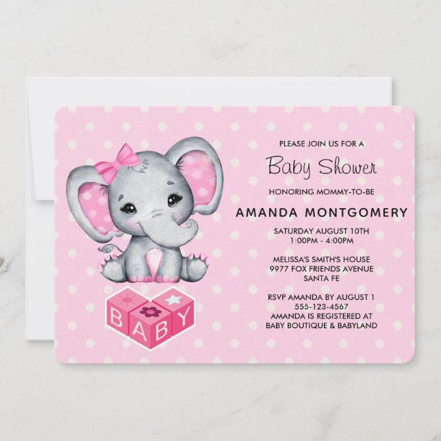 Pink Baby Elephant mit Polka Dots Baby Dusche Einladung (Vorderseite)