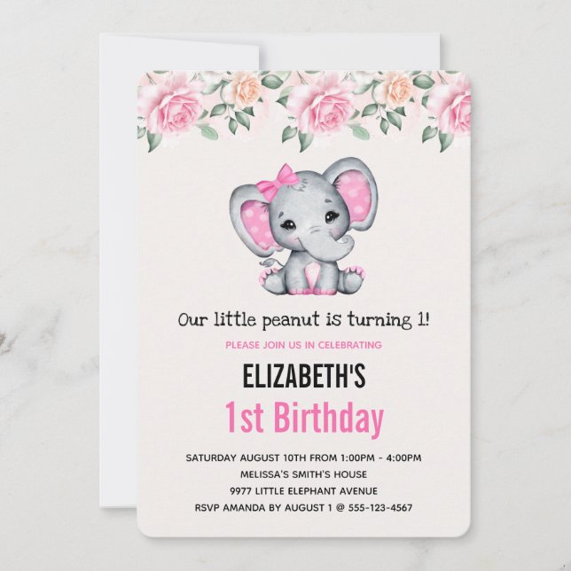Pink Baby Elephant und Rose Border Birthday Einladung (Vorderseite)
