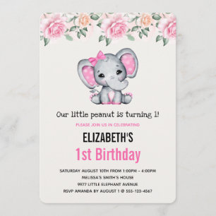 Pink Baby Elephant und Rose Border Birthday Einladung