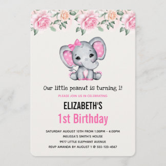 Pink Baby Elephant und Rose Border Birthday Einladung