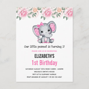 Pink Baby Elephant und Rose Border Birthday Einladungspostkarte