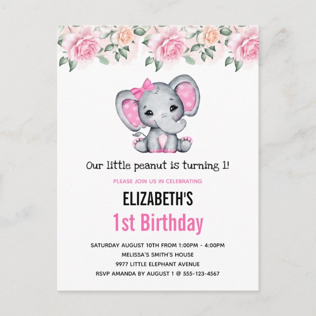 Pink Baby Elephant und Rose Border Birthday Einladungspostkarte (Vorderseite)