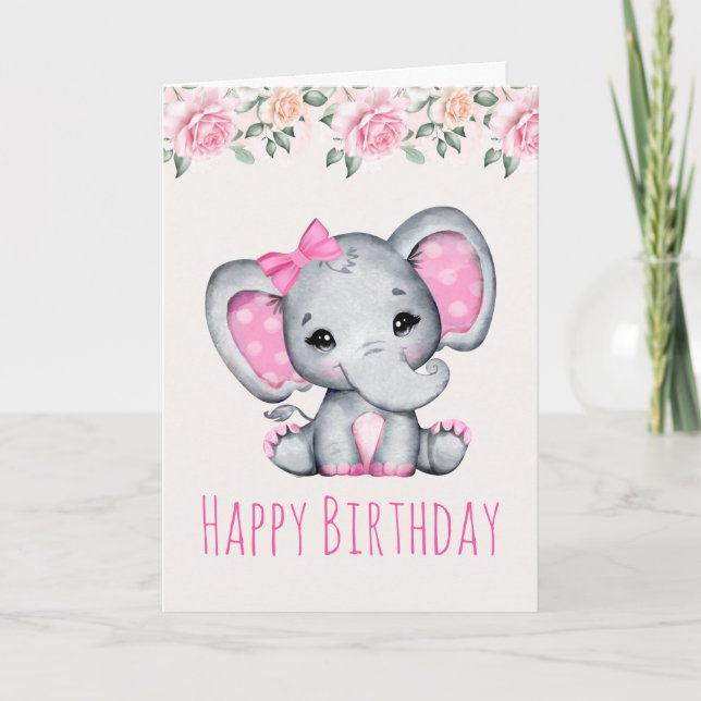 Pink Baby Elephant und Rose Border Birthday Karte (Vorderseite)