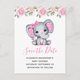 Pink Baby Elephant und Rose Border Save the Date Einladungspostkarte