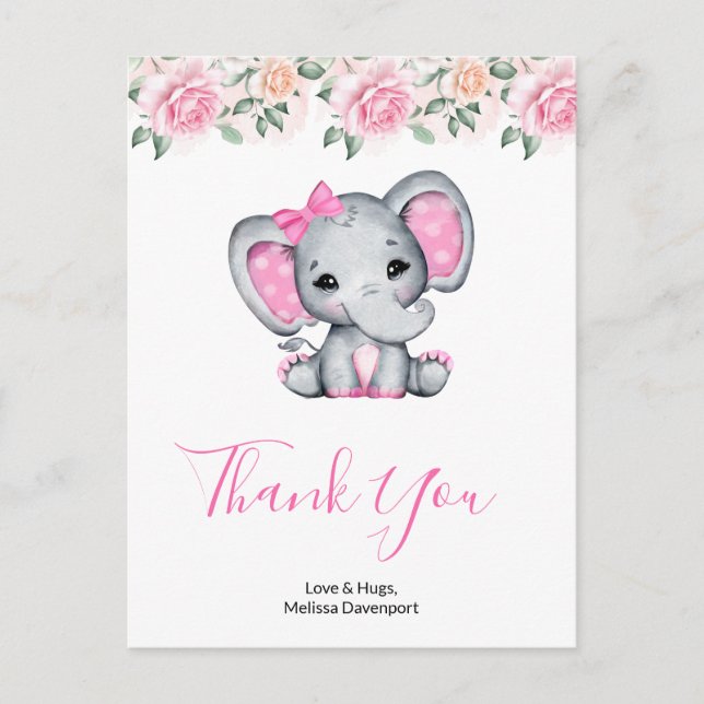 Pink Baby Elephant und Rose - Danke Postkarte (Vorderseite)