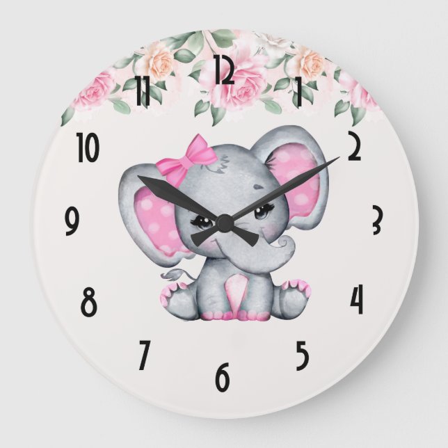 Pink Baby Elephant und Rose Grenze Große Wanduhr (Vorderseite)