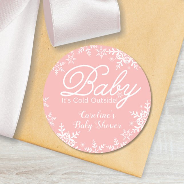 Pink Baby Es ist kalt Outside Babydusche Schneeflo Runder Aufkleber (Baby It's Cold Outside Snowflakes Pink Baby Shower Sticker)