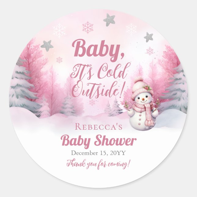 Pink Baby Es ist kalte Outside Snow Girl Babydusch Runder Aufkleber (Vorderseite)