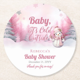 Pink Baby Es ist kalte Outside Snow Girl Babydusch Runder Pappuntersetzer