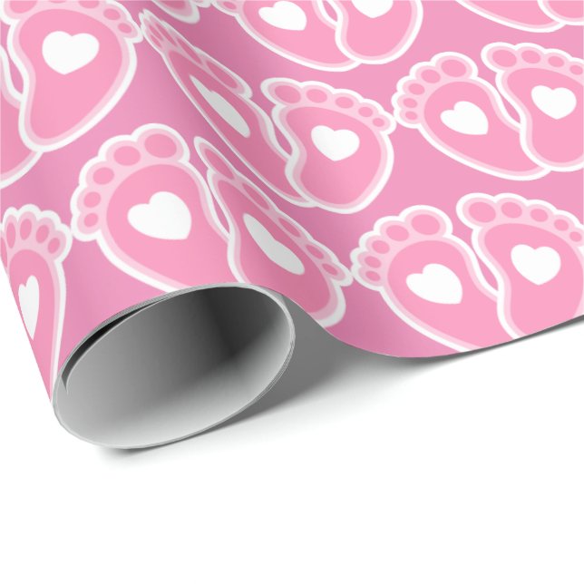 Pink Baby Feet and Hearts Pattern New Baby Girl Geschenkpapier (Rolleneckpunkt)
