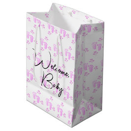 Pink Baby Footprints and Hearts On White Mittlere Geschenktüte