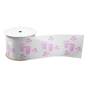 Pink Baby Footprints and Hearts On White Satinband