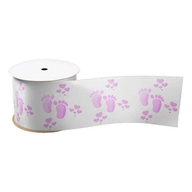 Pink Baby Footprints and Hearts On White Satinband (Spule)