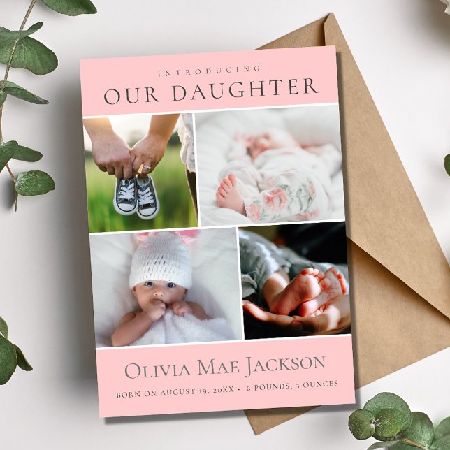 Pink Baby Girl 4 Foto Collage Geburt Ankündigung (Introducing Our Daughter 4 Photo Baby Birth Announcement)