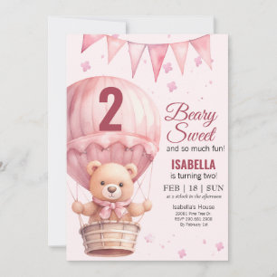 Pink Baby Girl Air Ballon Teddy Bear Geburtstag Einladung