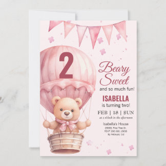 Pink Baby Girl Air Ballon Teddy Bear Geburtstag Einladung