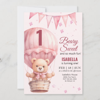 Pink Baby Girl Air Ballon Teddy Bear Geburtstag Einladung
