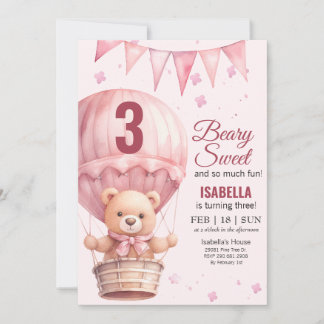 Pink Baby Girl Air Ballon Teddy Bear Geburtstag Einladung