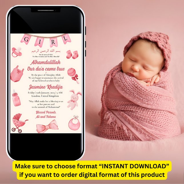 Pink Baby Girl Bekleidung muslimische Geburtsankün Einladung (Von Creator hochgeladen)