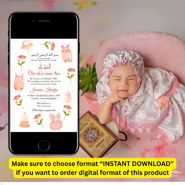 Pink Baby Girl Bekleidung muslimische Geburtsankün Einladung (Von Creator hochgeladen)