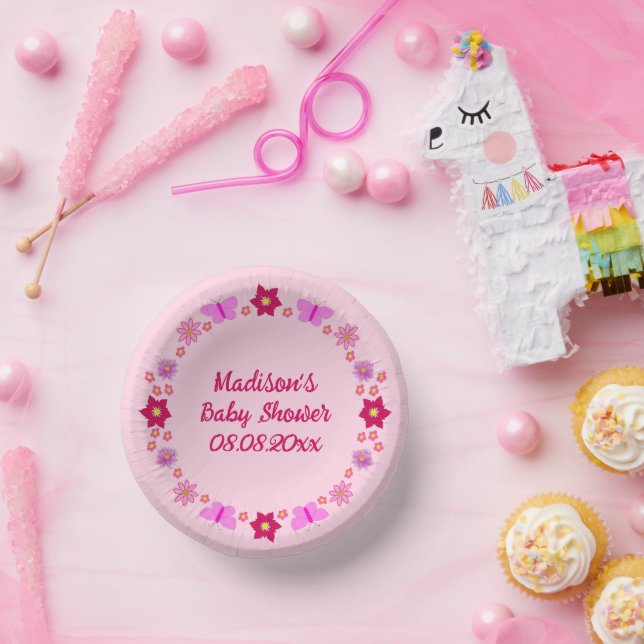 Pink Baby Girl Butterfets und Blume nach Maß Pappteller (Party)
