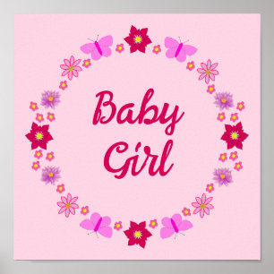 Pink Baby Girl Butterfets und Blume nach Maß Poster
