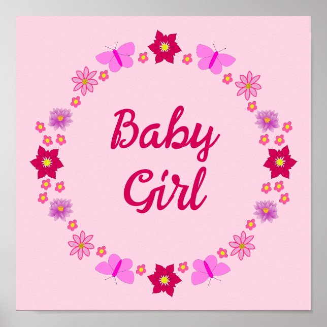 Pink Baby Girl Butterfets und Blume nach Maß Poster (Vorne)