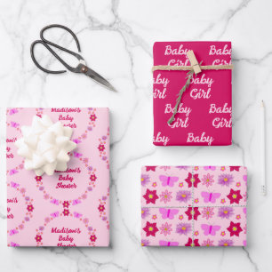 Pink Baby Girl Butterflies und Blume Babydusche Geschenkpapier Set
