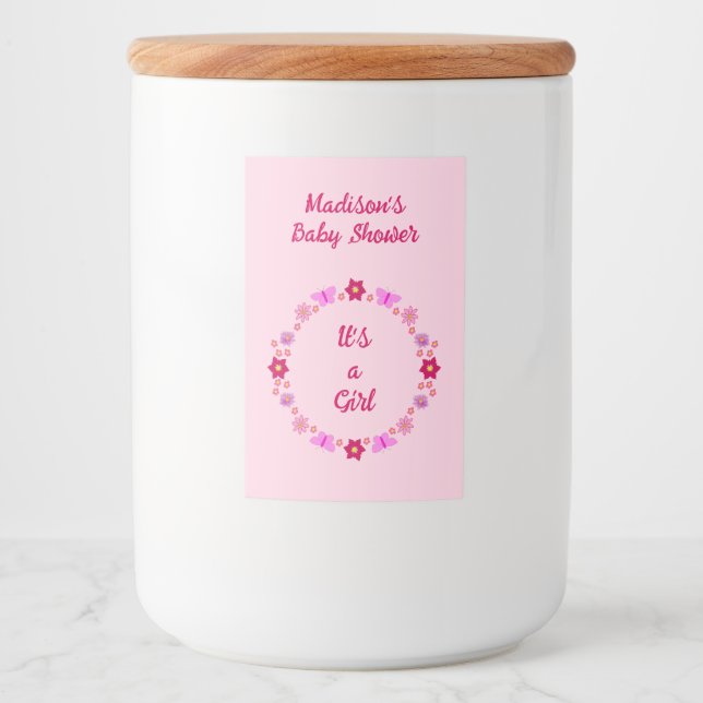 Pink Baby Girl Butterflies und Blume Babydusche Lebensmitteletikett (Vorderseite)