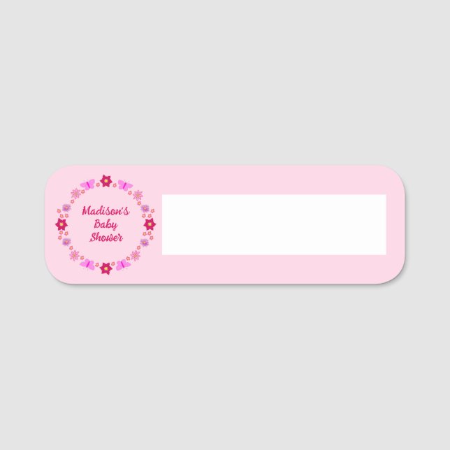 Pink Baby Girl Butterflies und Blume Babydusche Namensschild (Vorderseite)