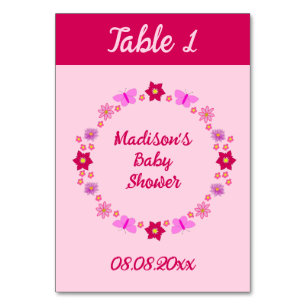 Pink Baby Girl Butterflies und Blume Babydusche Tischnummer