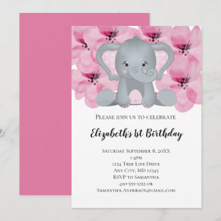 Pink Baby Girl Elephant Blume Niedlich Einladung