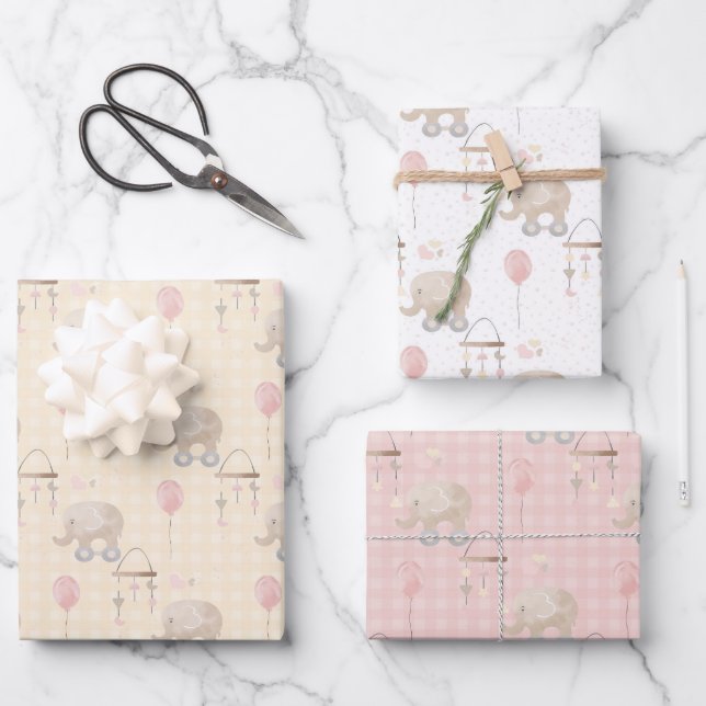 Pink Baby Girl Elephant Geschenkpapier Set (Vorderseite)