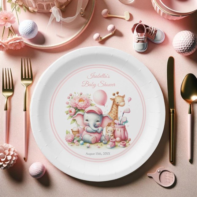 Pink Baby Girl Elephant & Giraffe Golf Baby Dusche Pappteller (Have your guest eat off this sweet coordinating baby shower paper plate. )