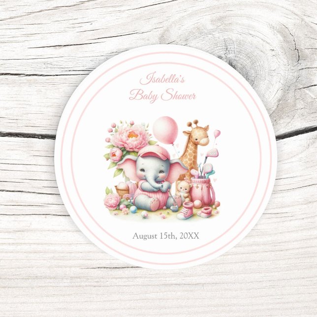 Pink Baby Girl Elephant & Giraffe Golf Baby Dusche Runder Aufkleber (Add this sticker to your invitations, envelopes, favor bags! )