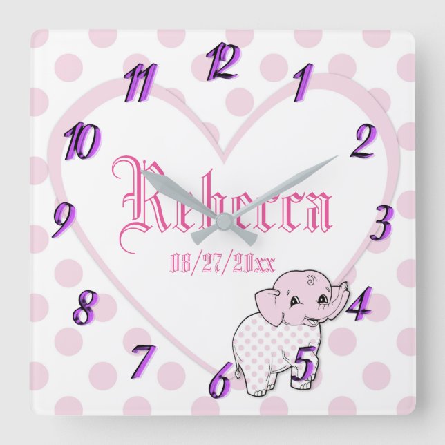Pink Baby Girl Elephant Herz und Polka Dosen Quadratische Wanduhr (Vorderseite)