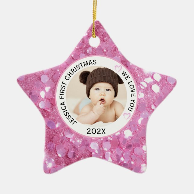 Pink Baby Girl First Christmas Name Foto Keramik Ornament (Vorne)