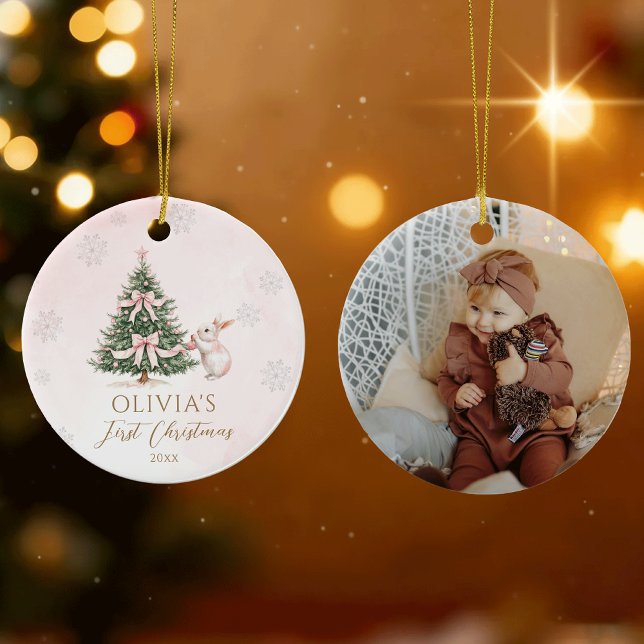 Pink Baby Girl First Christmas Snowflakes Photo Keramik Ornament (Von Creator hochgeladen)