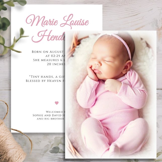 Pink Baby Girl Foto Geburtskarte Ankündigung (Pink Baby Girl Photo Birth Announcement Card)