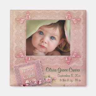 Pink Baby Girl Foto Rahmen Birth Magnete