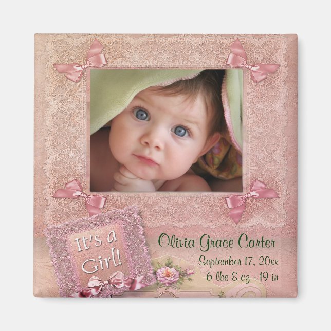 Pink Baby Girl Foto Rahmen Birth Magnete (Vorne)