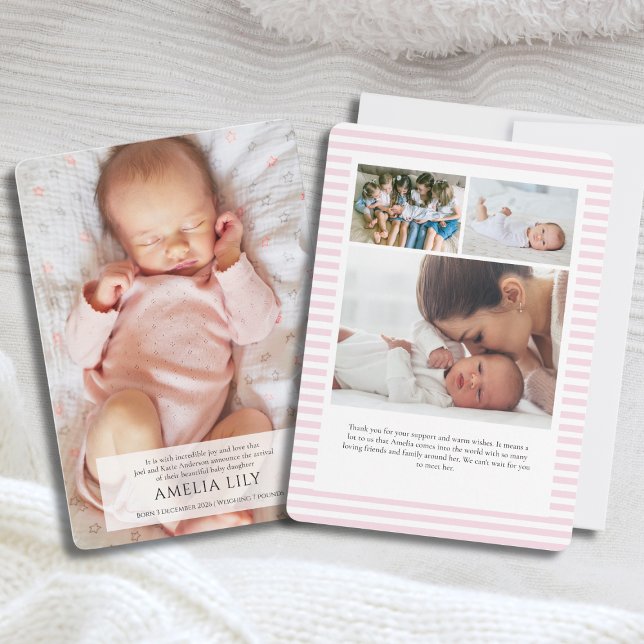 Pink Baby Girl Geburtskarte (Cute Classic Baby Girl Birth Announcement card with photo collage of 4 photos and pink stripes)